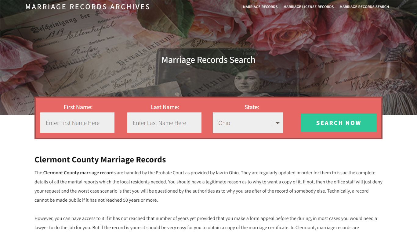 Clermont County Marriage Records | Enter Name and Search